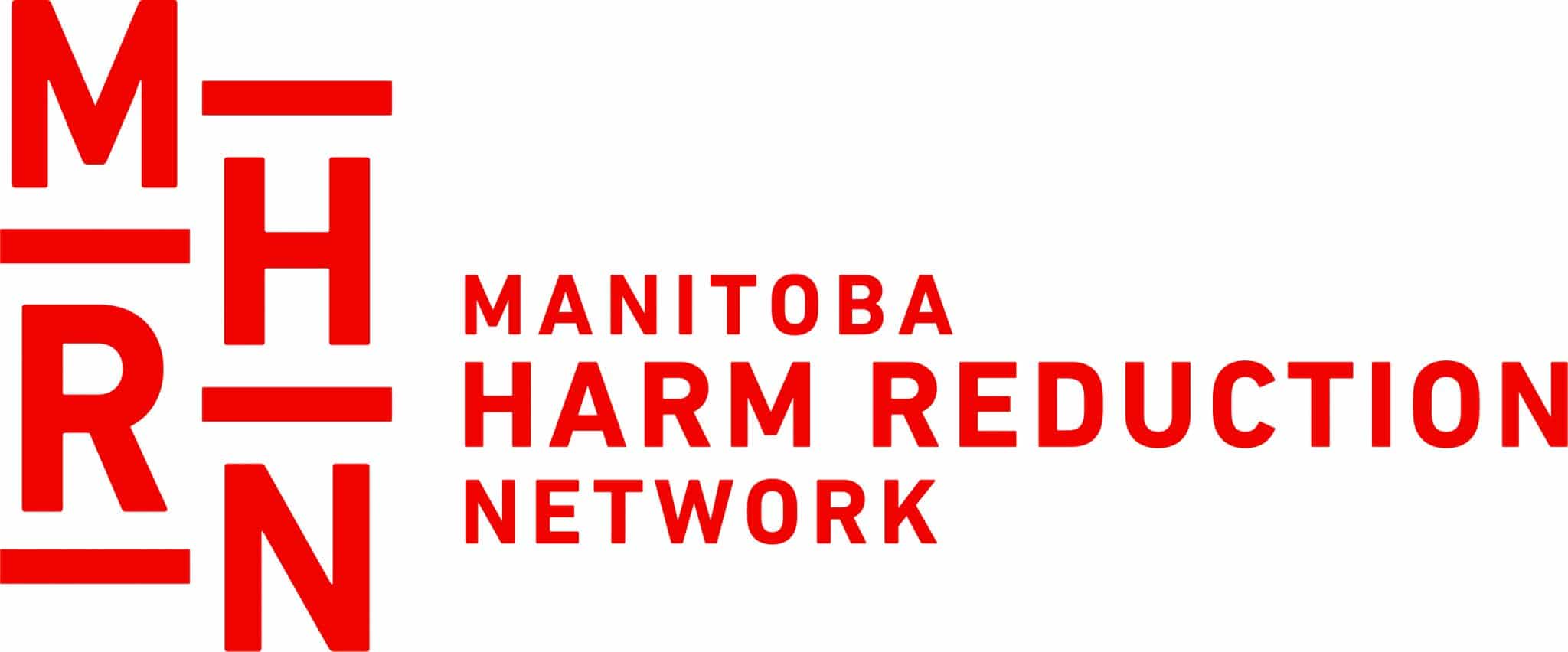 White and red logo consisting of letters and the phrase, "Manitoba harm reduction network"